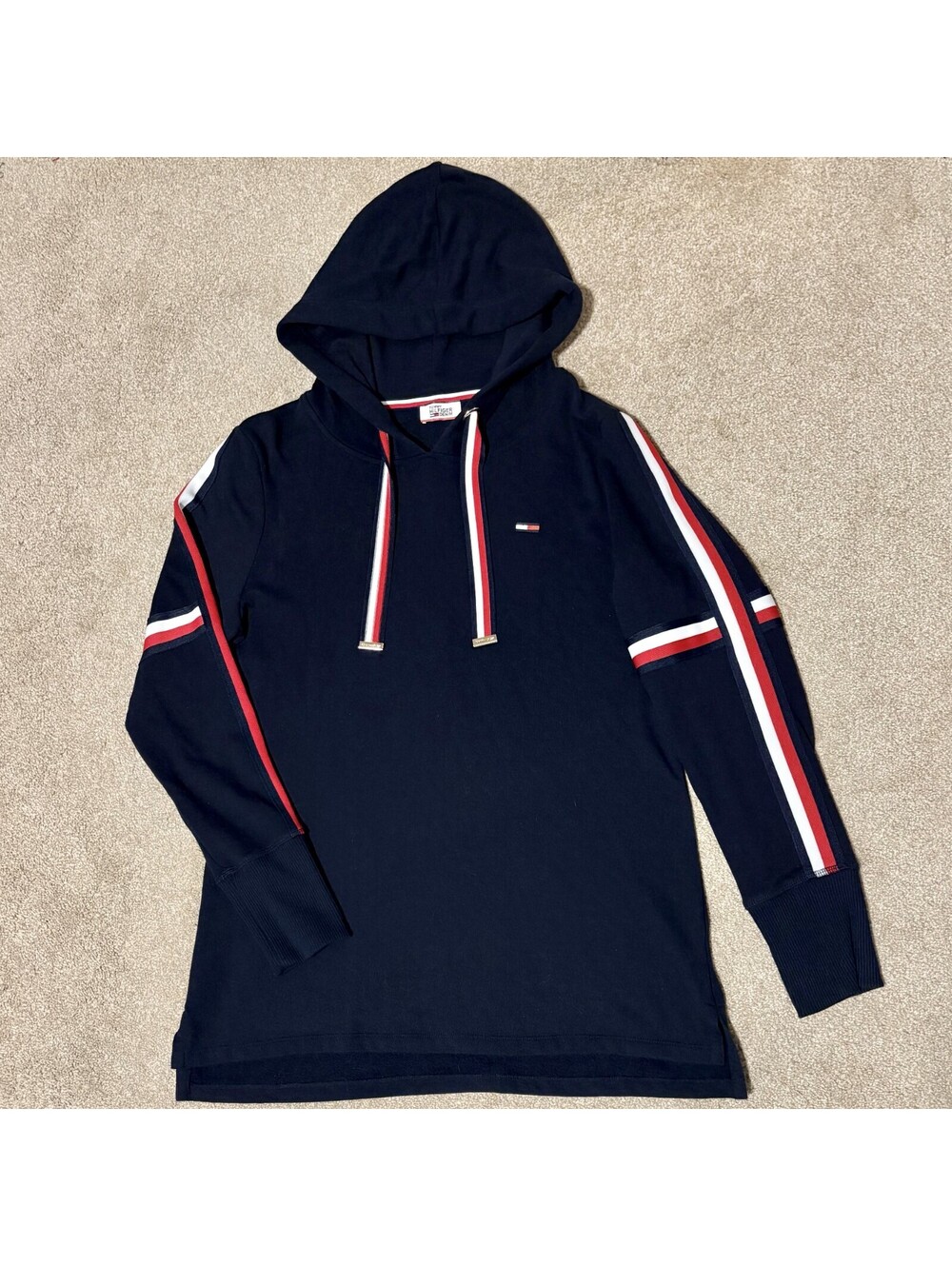 Tommy Hilfiger Womens Large Hoodie Sweatshirt Red White Navy Blue Striped Accent